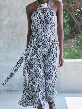 Zara Navy and White Halter Maxi Dress with Tie Waist